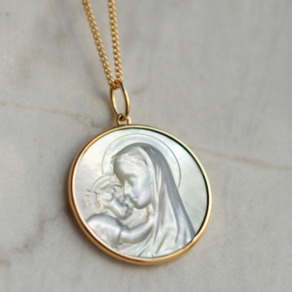 Médaille de baptême Vierge à l'enfant rayonnant nacre
